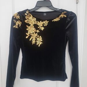 Women's Black Velvet Top with Gold Sequin Floral Embellishment